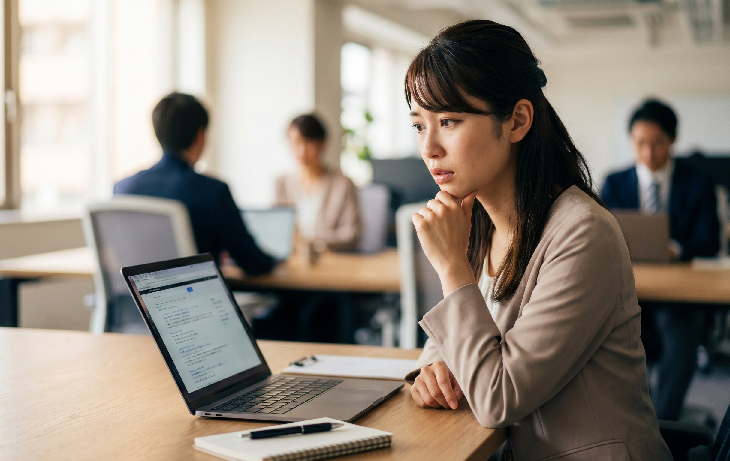 職場でパソコン画面を見ながら、MOS資格の評判について不安げに考える日本人女性