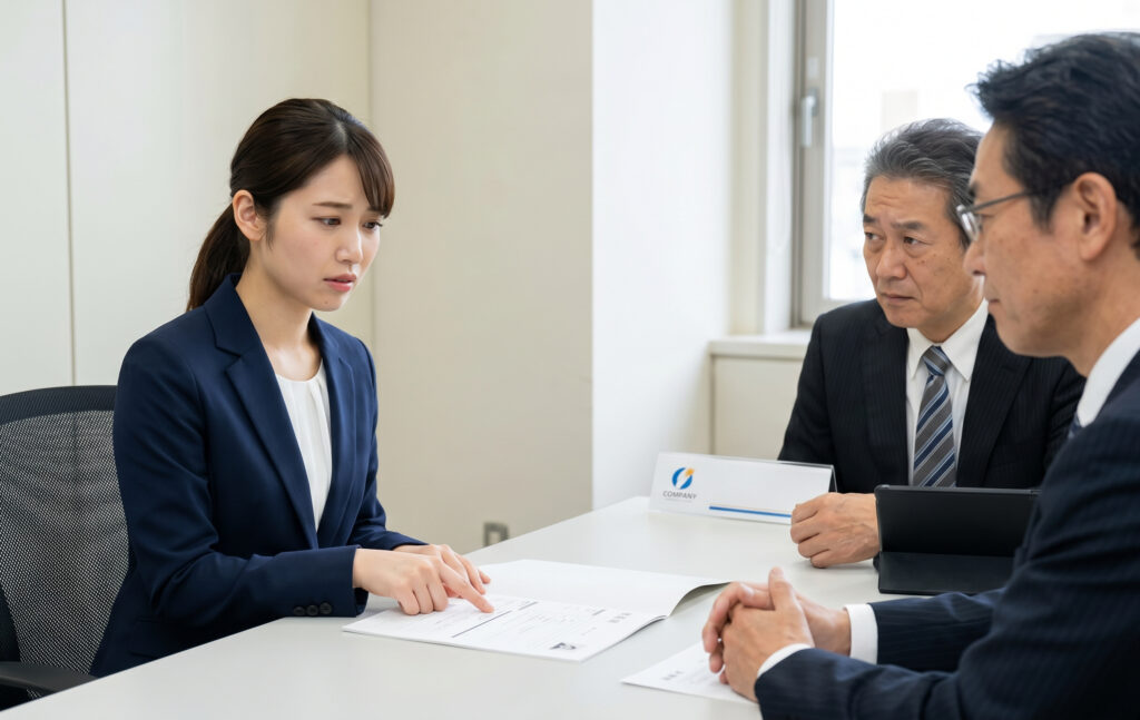 採用面接で、履歴書のMOS資格の記載箇所を指しながら不安そうな表情を浮かべる日本人女性応募者