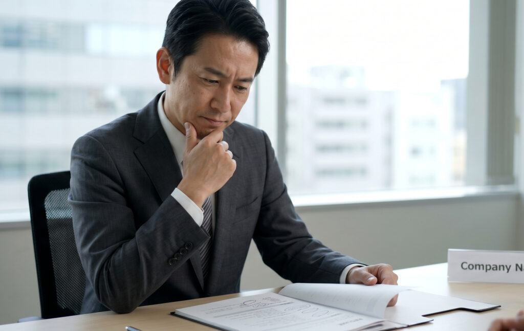 採用面接で、応募者の履歴書にある曖昧な「PCスキル」の記述を前に、内心疑問を抱く日本人面接官