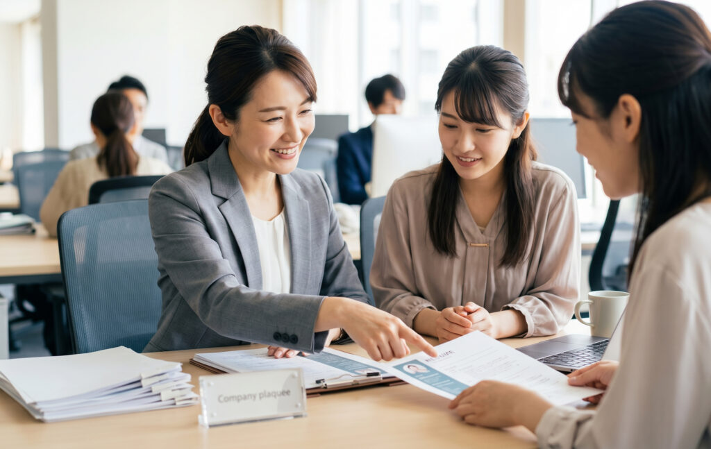 職場で、女性上司が部下の履歴書の資格欄（MOS資格）を見て笑顔で評価を伝えている前向きな光景