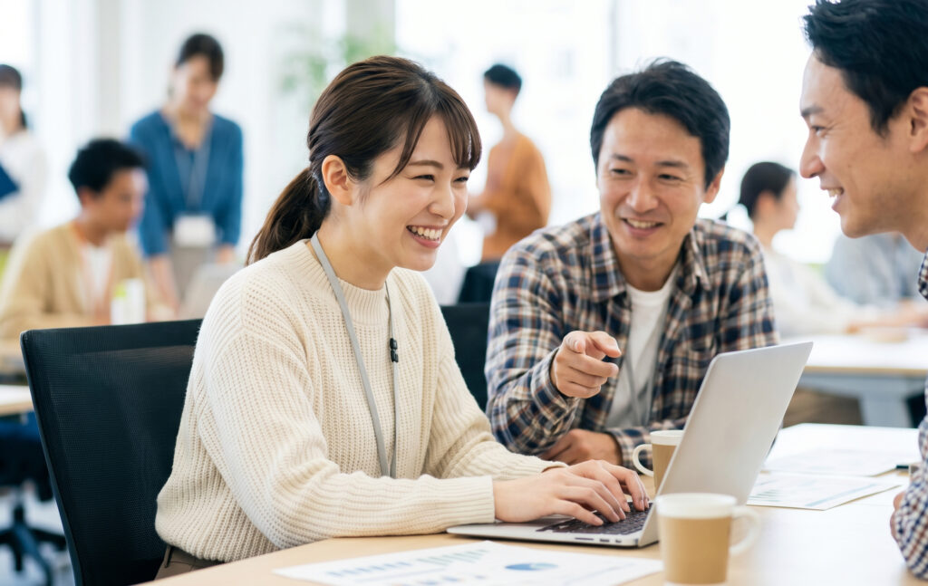 派遣先オフィスで、笑顔でパソコン業務をこなし、同僚から好意的な評価を受ける日本人女性派遣社員