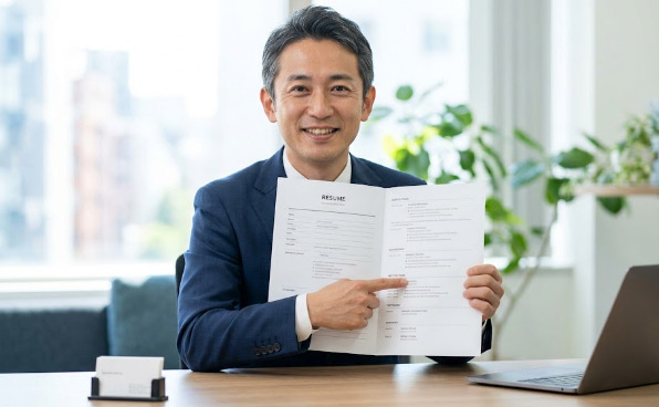 40代の日本人男性が、自信に満ちた笑顔で履歴書を提示し、MOS資格を含む自身のスキルをアピールする様子