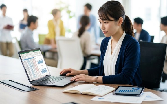 職場で、女性社員がMOSエキスパートレベルのスキルを活かして、複雑なデータ分析業務に集中して取り組む様子