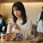 アタオの財布の評判を検索し、スマートフォンの画面を不安げに見つめる日本人女性