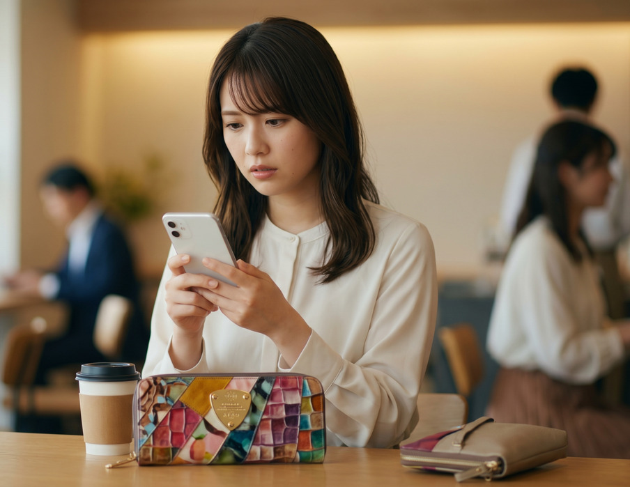 アタオの財布の評判を検索し、スマートフォンの画面を不安げに見つめる日本人女性