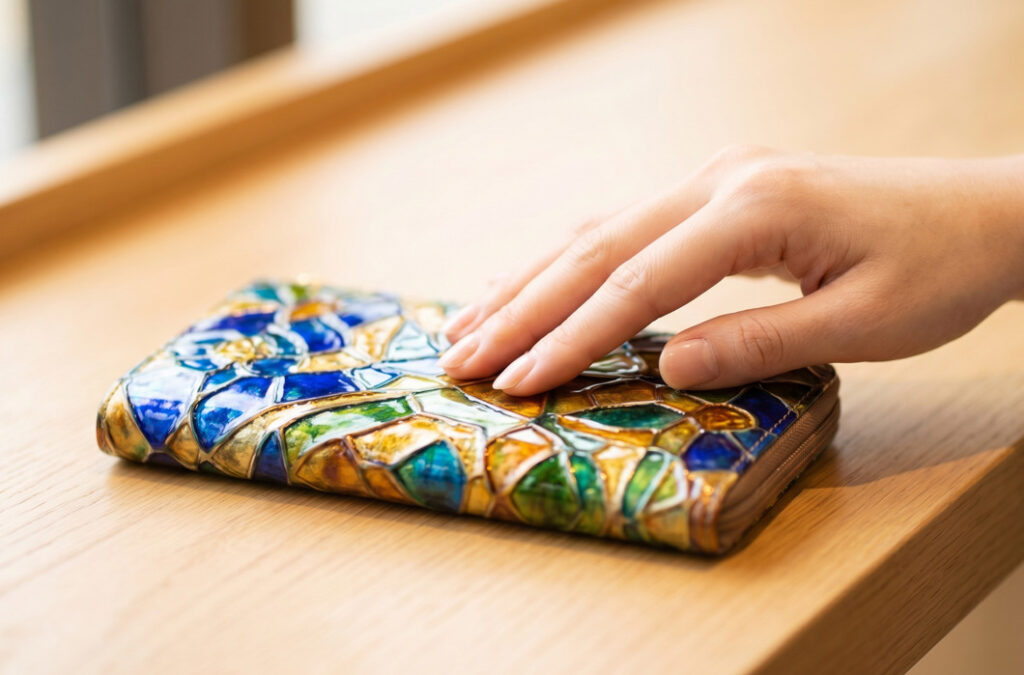 イタリア職人が手がけた、ステンドグラスのように輝くアタオのヴィトロシリーズのエナメルレザー財布