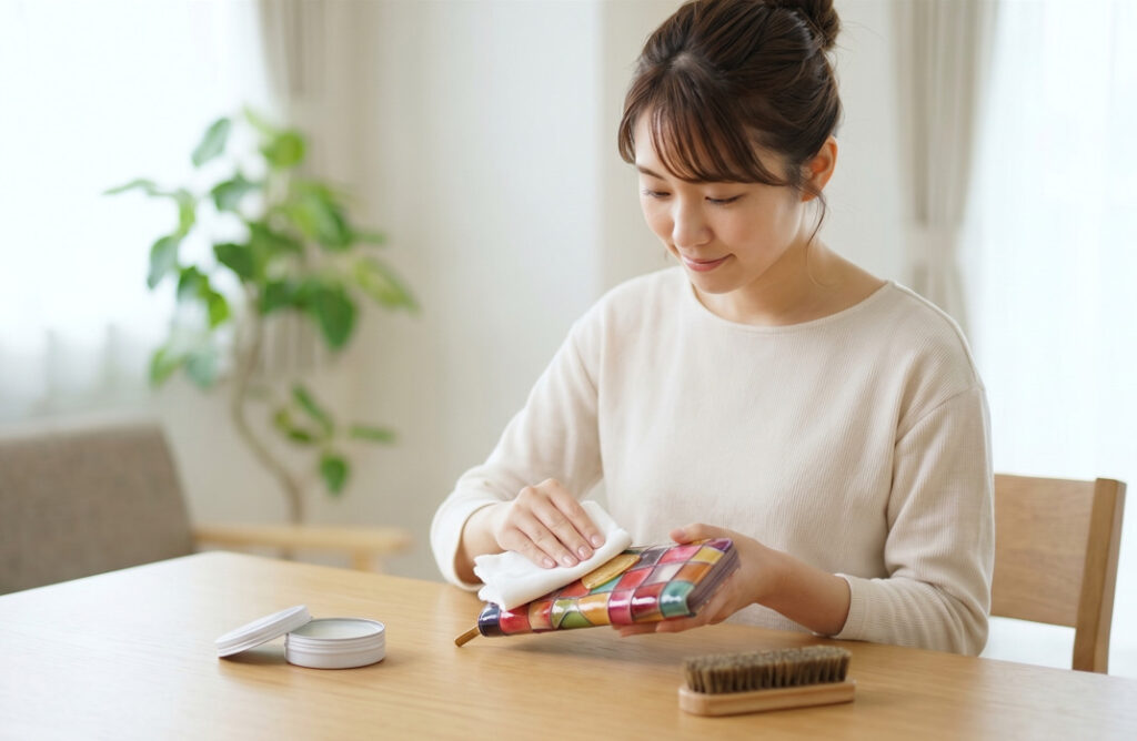 アタオの財布を快適に使い続けるために、自宅のテーブルで柔らかい布を使って丁寧にお手入れをする日本人女性