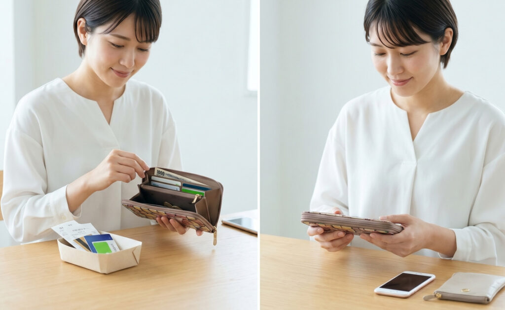 アタオの薄い財布を快適に使うため、不要なレシートを整理し、中身を厳選する日本人女性