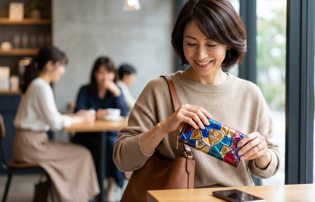 カフェでバッグから色鮮やかなアタオのヴィトロシリーズの財布を取り出し、嬉しそうに眺める40代の日本人女性