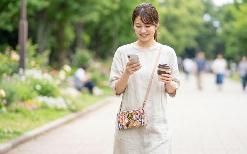 アタオのお財布ポシェット「ブーブー」を身に付け、身軽に公園を散歩する日本人女性