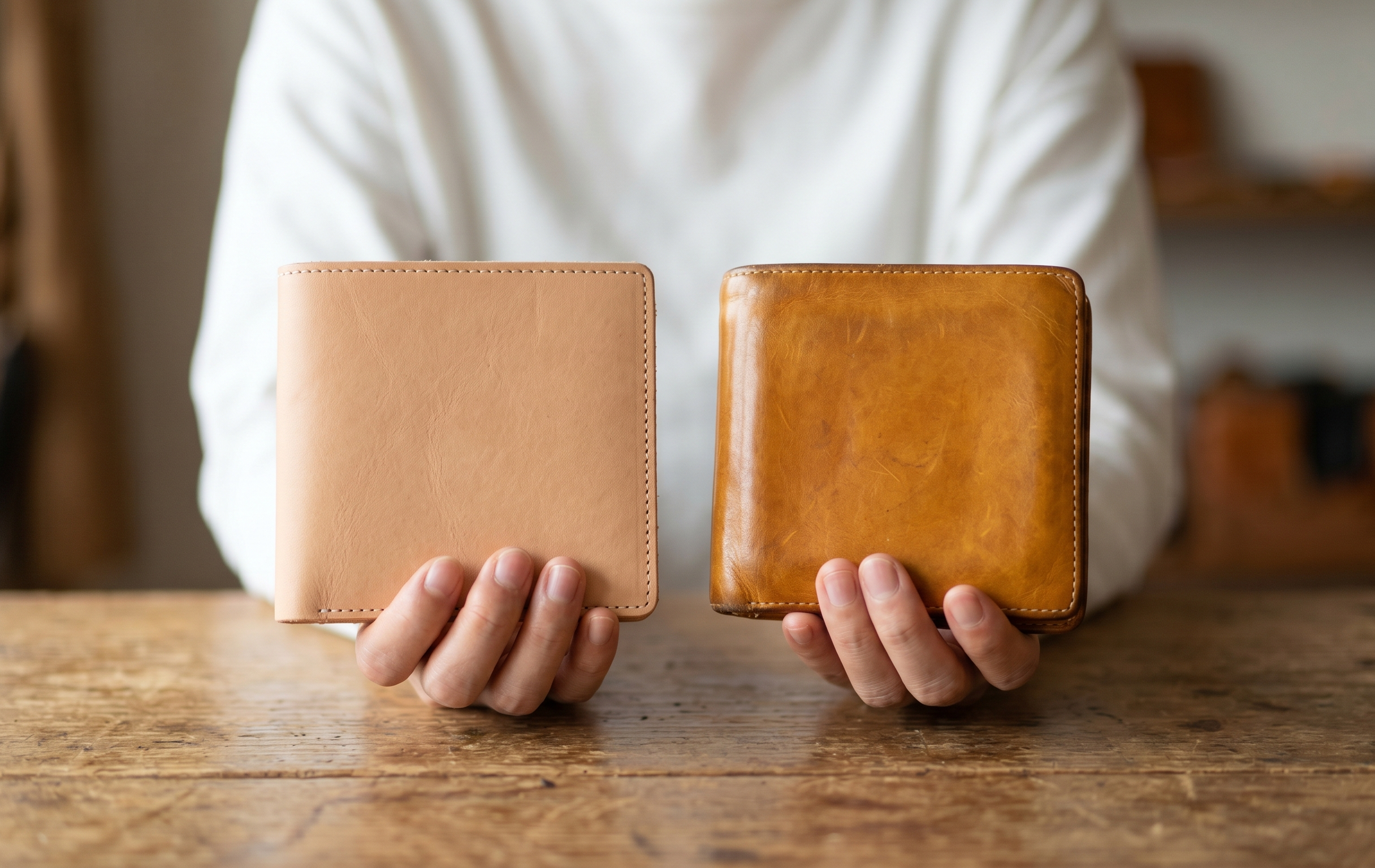 新しいライトタンのイルビゾンテ財布と、数年使い込まれて深い飴色にエイジングしたイルビゾンテ財布を並べて持つ日本人女性の手元。革製品の経年変化の魅力を伝える画像。
