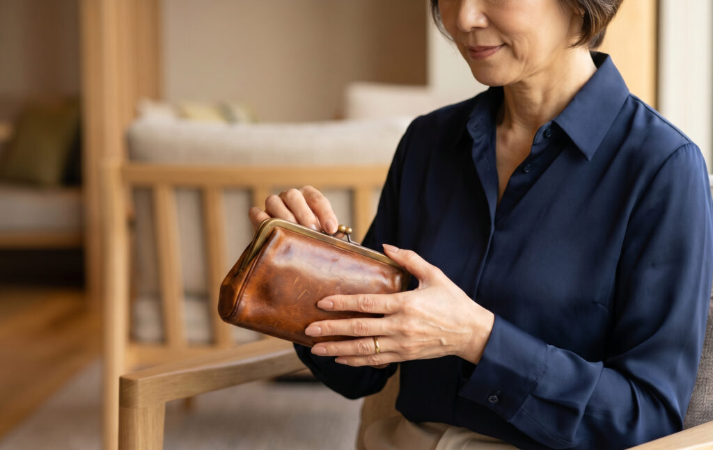 落ち着いた和モダンなラウンジで、上品な服装の50代〜60代の日本人女性が、10年以上大切に使い込まれて非常に深い琥珀色に育ったイルビゾンテのガマ口財布を優雅に手に持つ様子。本物の質感が大人の女性に似合うことを伝える。