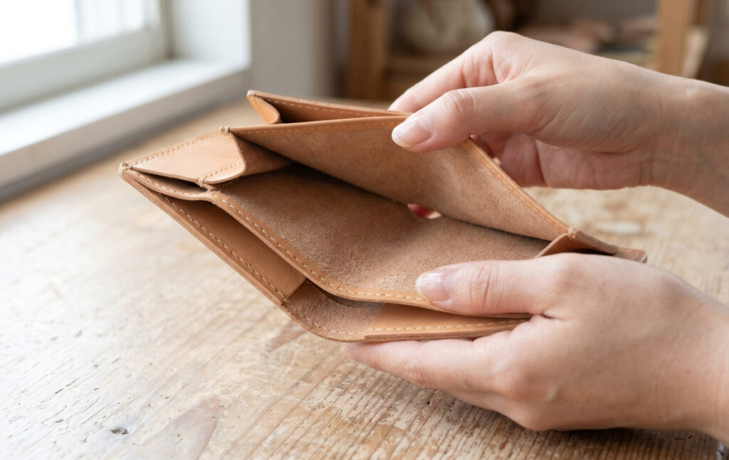 日本人女性の手元で開かれたイルビゾンテの財布の内側の接写。あえて裏地を張らず、高品質な革の裏面（トコ面）がそのまま露出したシンプルな構造と、丁寧なステッチワークが確認できる。圧倒的コスパの理由を視覚的に伝える。
