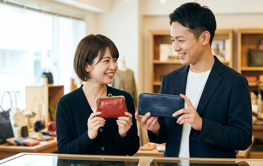 明るいセレクトショップの店内で、日本人の若いカップル（男女）が、お互いが愛用するイルビゾンテの財布（男性はネイビーの長財布、女性はレッドのガマ口財布）を嬉しそうに見せ合っている。性別を問わない多用途性を伝える。