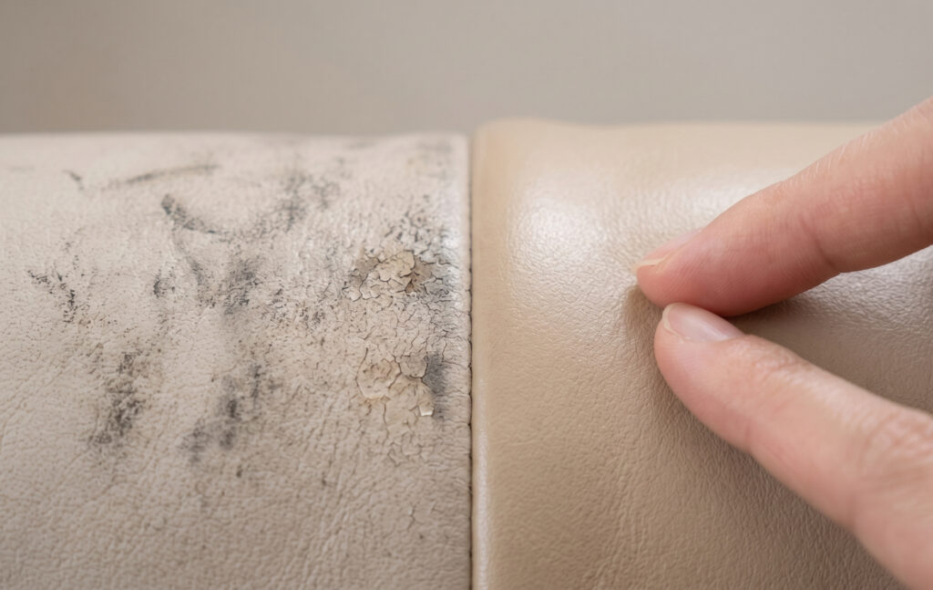 手入れが不足し、汚れや乾燥で極端に黒ずんでカサカサになったヌメ革の表面と、適切にメンテナンスされ、潤いと自然なツヤを持つ健康的な革の表面を比較した接写画像。正しいエイジングと失敗した状態の違いを示す。