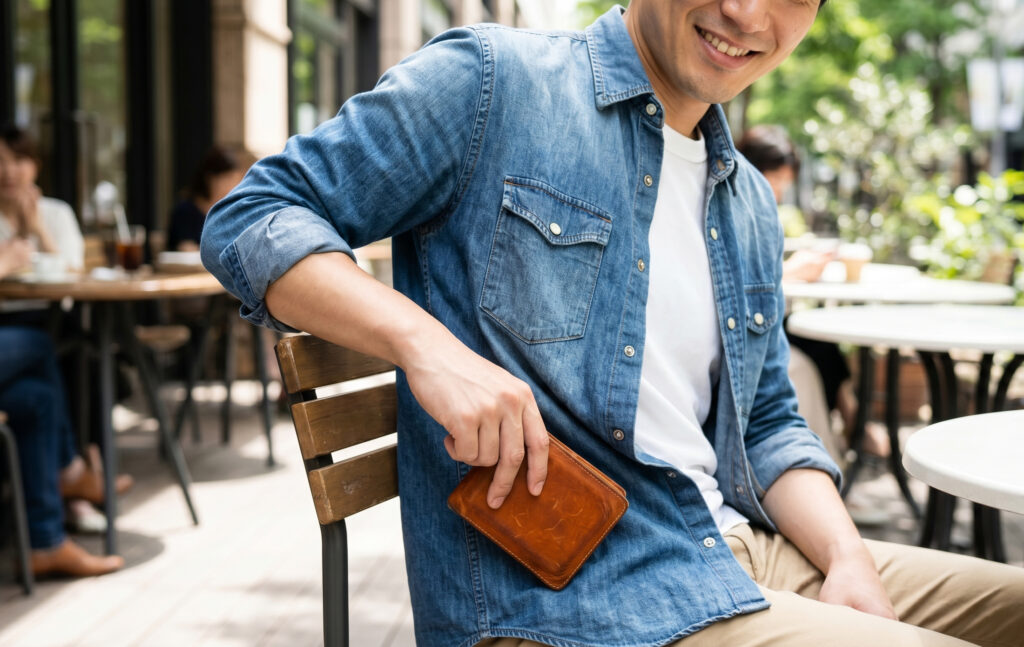 休日のカジュアルな服装（デニムシャツとチノパン）の日本人男性が、お洒落なカフェのテラス席で、使い込まれて味わい深くなったイルビゾンテの二つ折り財布を笑顔でポケットから取り出す様子。