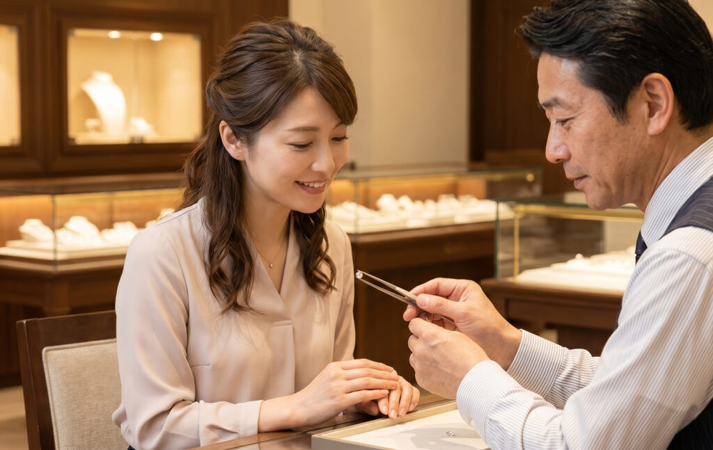 エクセルコダイヤモンドの店舗で、日本人コンサルタントからダイヤモンドの説明を受ける女性