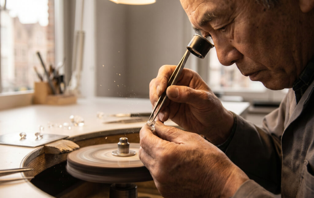 エクセルコダイヤモンドの熟練職人が、精密な器具を使ってダイヤモンドをカットする様子