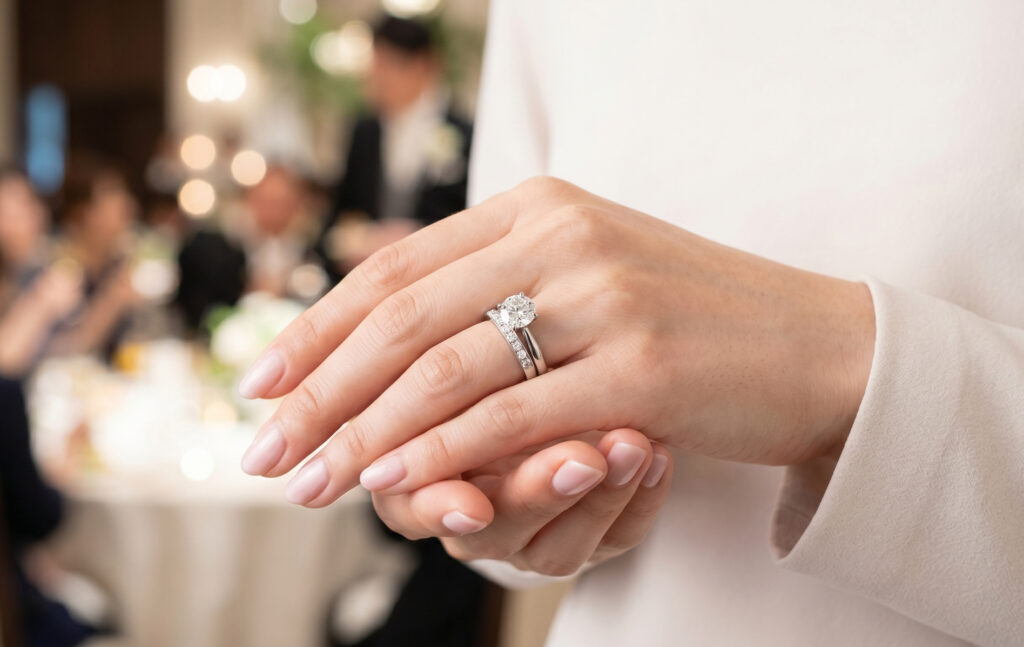 婚約指輪と結婚指輪が美しく重ね付けされた、エクセルコダイヤモンドのセットリングのアップ写真