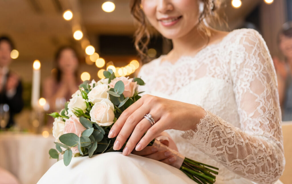 結婚式の会場で、新婦の手元で輝くエクセルコダイヤモンドの結婚指輪と婚約指輪