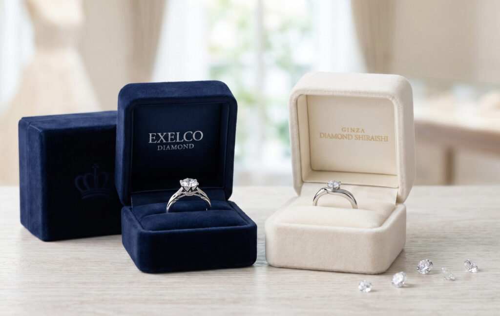 同じテーブルに並べられた、エクセルコダイヤモンドと銀座ダイヤモンドシライシの異なるデザインの指輪ケースとリング