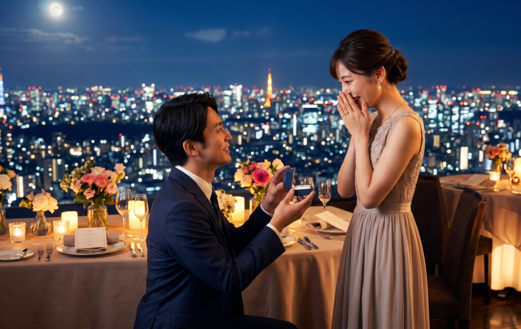 レストランの夜景をバックに、男性が女性へ婚約指輪（プロポーズリング）を渡すプロポーズの瞬間