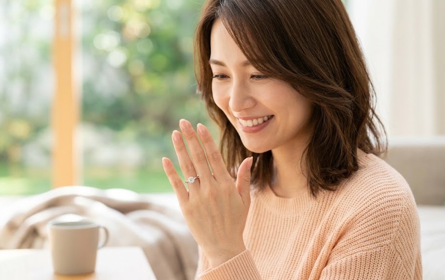 婚約指輪を身につけ、幸せそうな表情で微笑む日本人女性