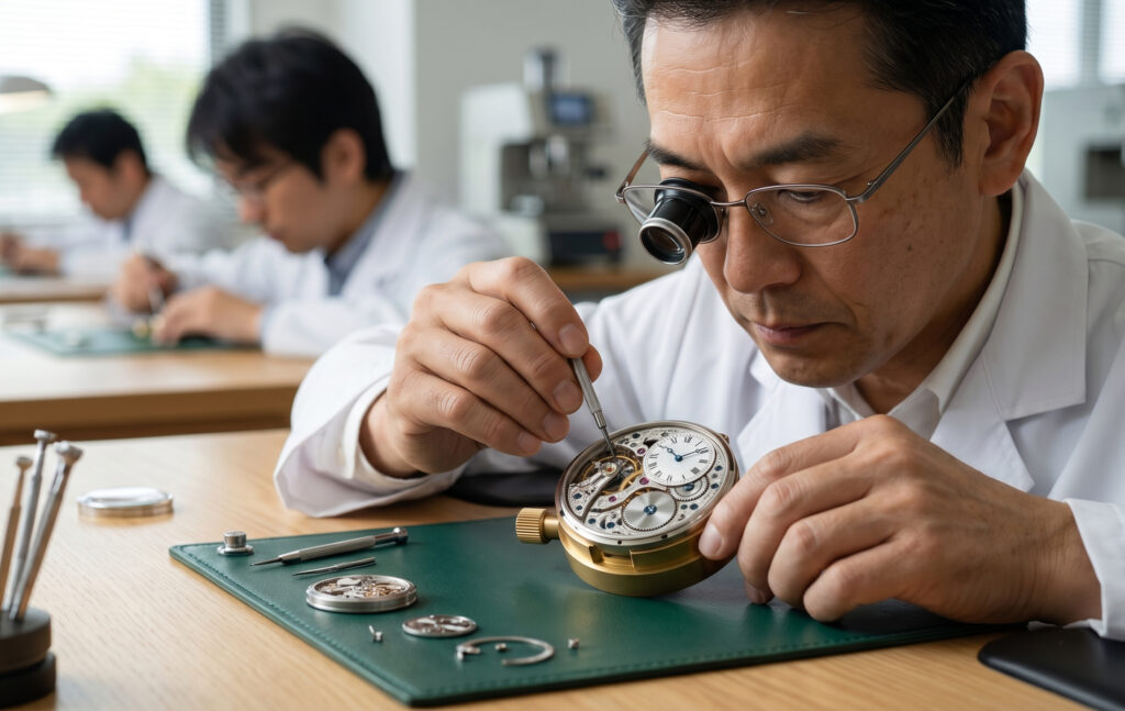 時計マニュファクチュールで、複雑な機械式時計ムーブメントをルーペを使い精密に組み立てる熟練の日本人時計職人。