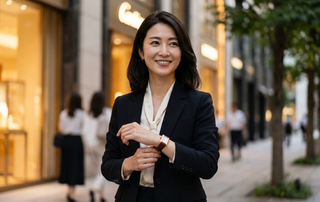 東京・銀座の夕暮れ時、カルティエのタンク ルイ カルティエゴールドウォッチを腕に、自信を持って歩くキャリアウーマンの日本人女性。