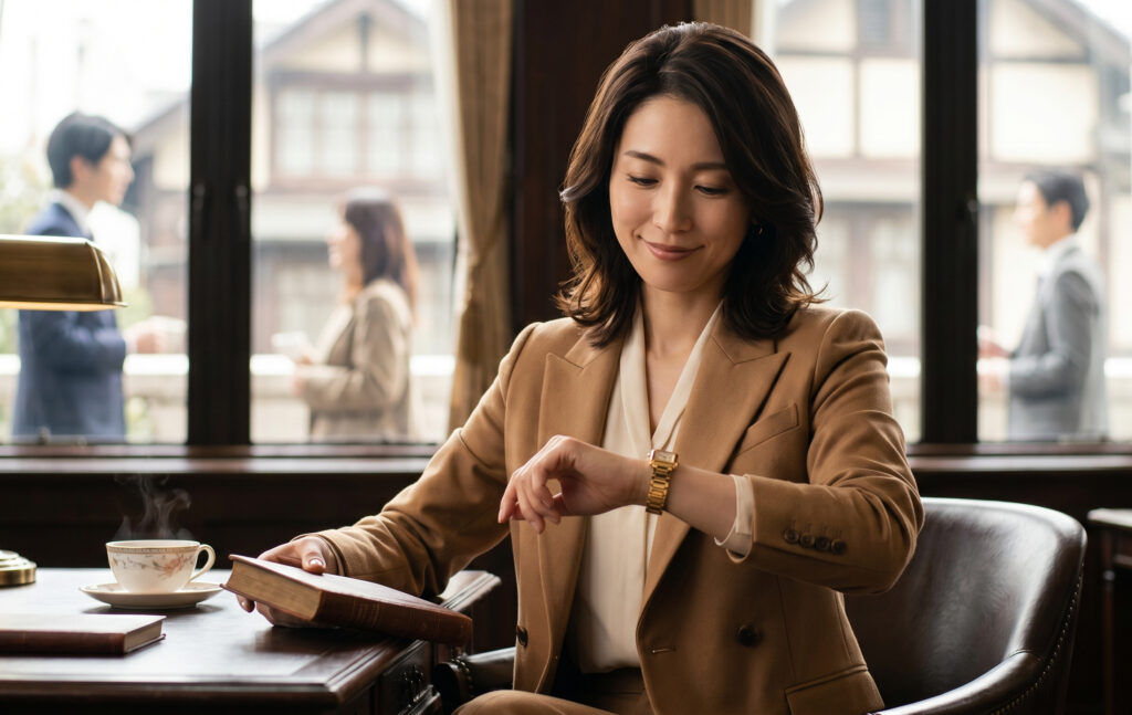 東京都内の格式高い書斎で、カルティエのタンクソロゴールドウォッチを着用し、自信を持って時間をチェックする上品な日本人女性。