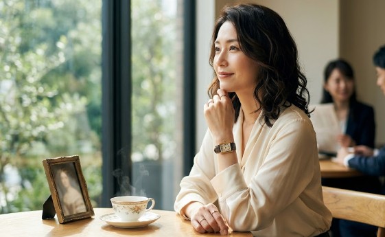 東京の上品なカフェで、カルティエのタンク ルイ カルティエゴールドウォッチを腕に、自信と余裕を持ってリラックスする日本人女性。