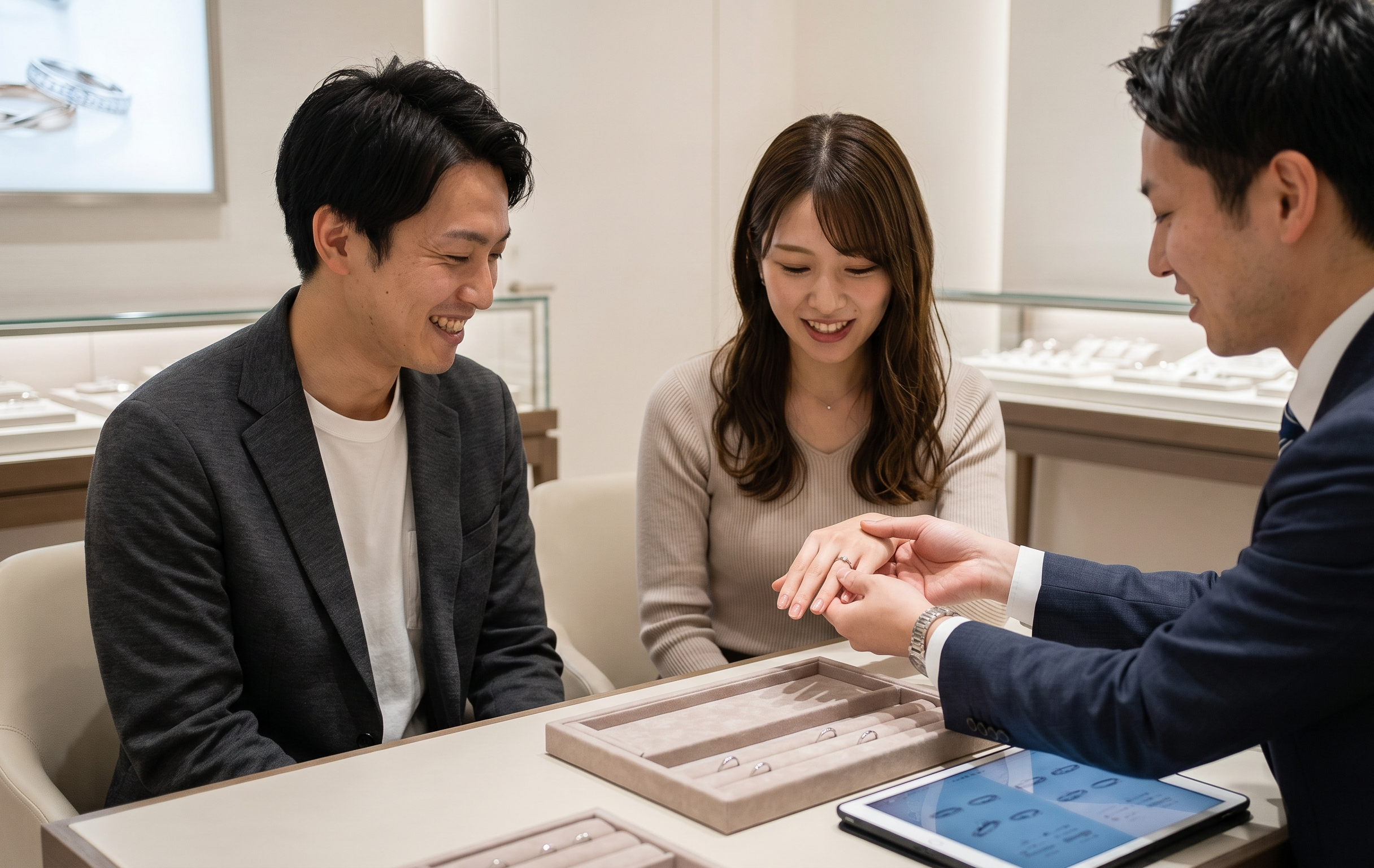銀座のジュエリーショップで婚約指輪を試着し、笑顔を見せる日本人カップルと専門コンシェルジュの接客風景