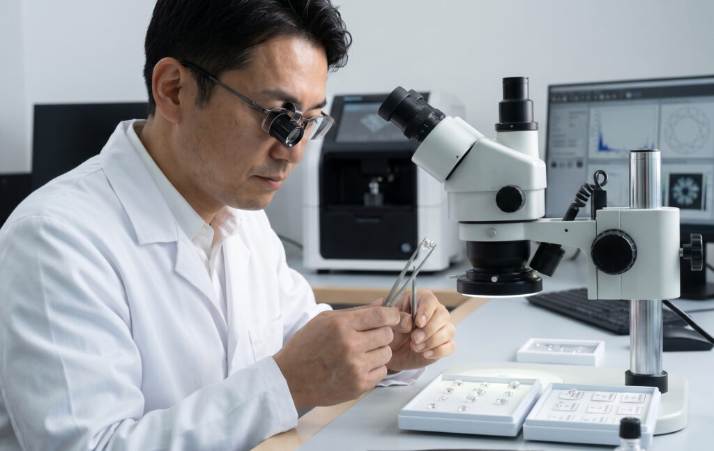 イスラエルの現地法人で、熟練の日本人バイヤーが顕微鏡を使い、研磨されたダイヤモンドの品質を厳しくチェックする様子