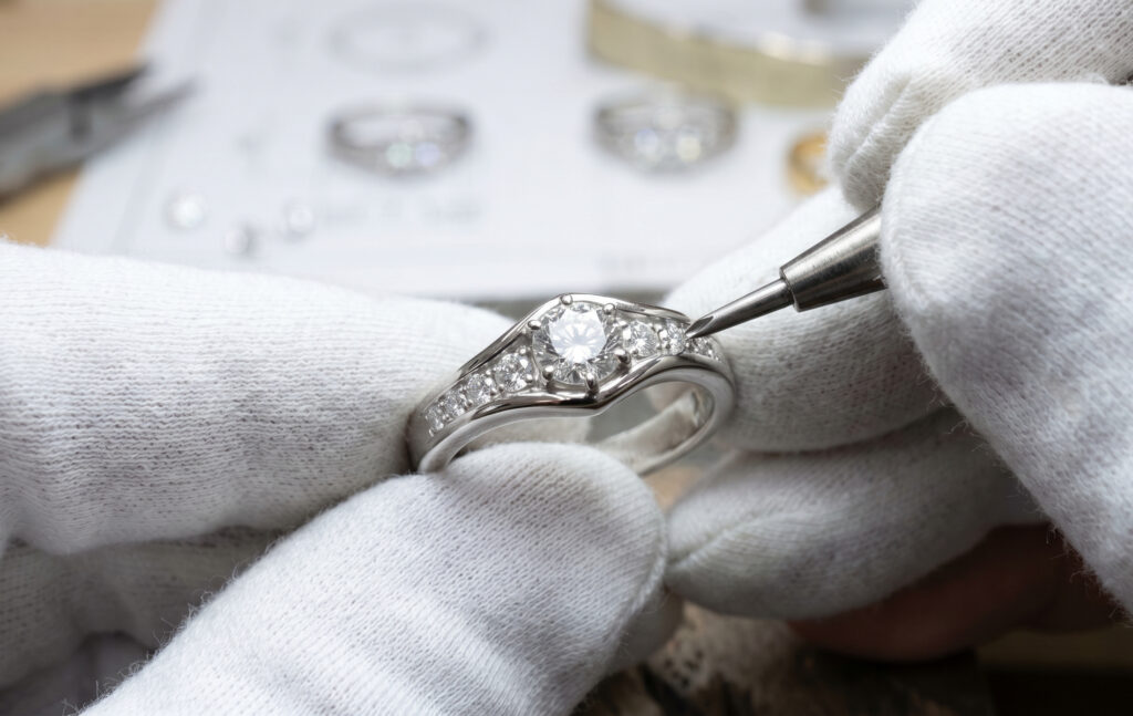 ダイヤモンドシライシの自社工房で、日本人職人がセミオーダーの婚約指輪にメレダイヤを丁寧に留める精密作業