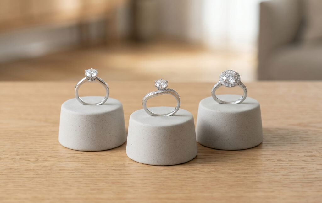 シンプルなソリティア、流れるようなウェーブ、華やかなヘイローデザインなど、ダイヤモンドシライシの代表的な婚約指輪のコレクション