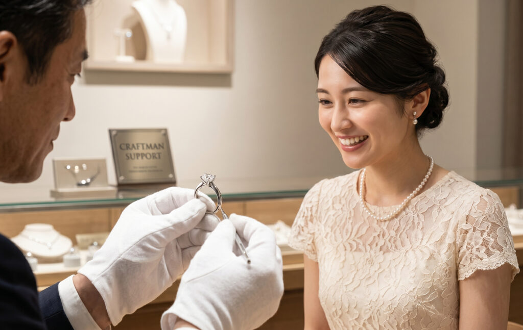 ダイヤモンドシライシの自社工房で、熟練職人が婚約指輪の最終検品を行い、これから結婚する日本人女性が幸せそうな表情で指輪を見つめる様子
