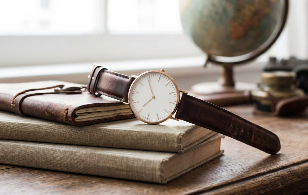 アンティークな雰囲気の中で、使い込まれたレザーストラップと薄型のケースが特徴的なダニエルウェリントンの時計。ブランドのミニマルなデザイン哲学と普遍性を表現している。