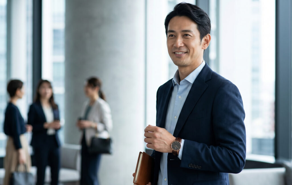 洗練された都会のビジネスラウンジで、自信を持ってダニエルウェリントンのレザーウォッチを着用する、40代の上品なアジア人男性。大人の余裕と洗練されたスタイルを表現している