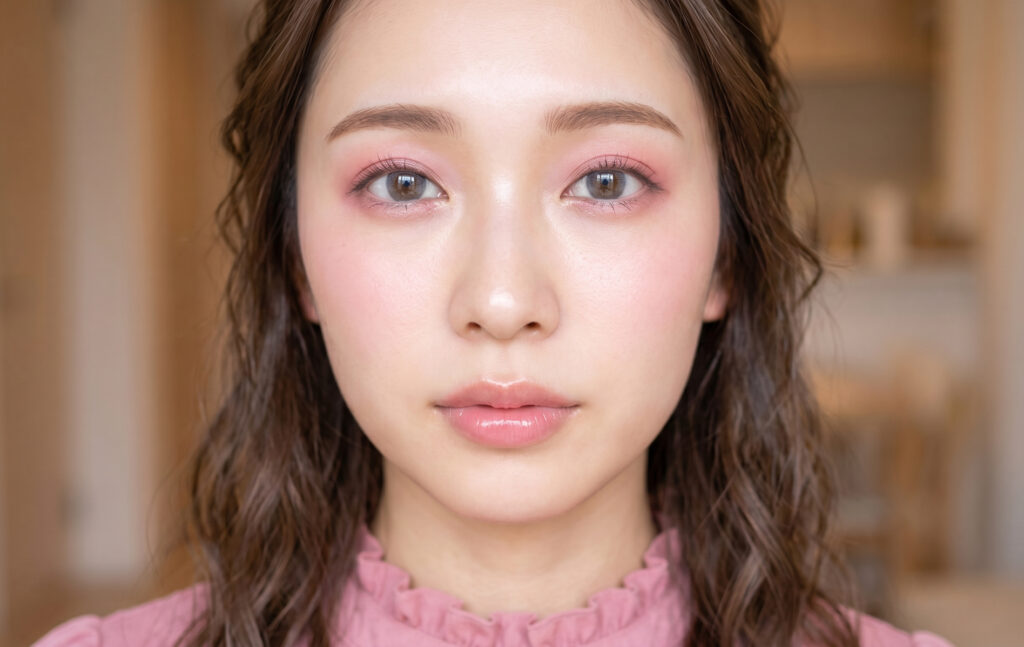 ピンク系のアイシャドウとチーク、ツヤのあるリップで仕上げた「ダーリッチ顔」メイクの日本人女性のアップ写真。水光デザインのカラコンが特徴