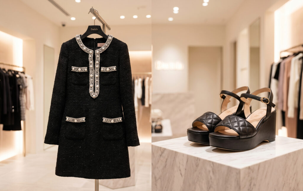 高級感のあるブティックで、ハンガーに掛けられたビジュー付きツイードミニドレスと、ディスプレイされたサンダル。ディテールへのこだわりを強調