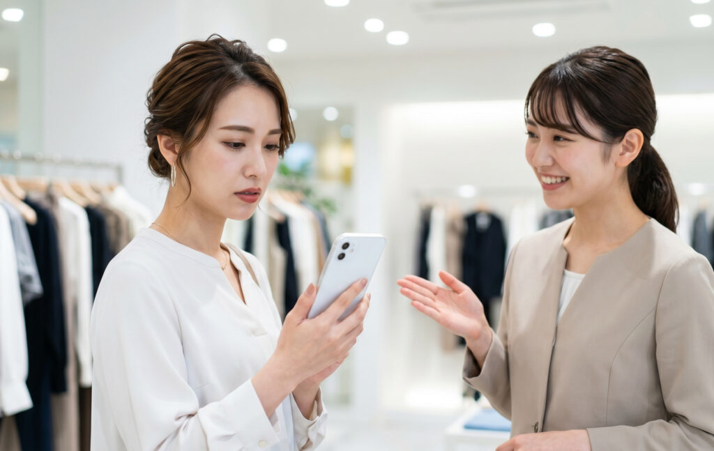 アパレルショップで、公式アプリが重くて困っている様子の日本人女性客に、笑顔で声をかける優しい店員。