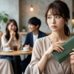 お洒落なカフェでバルコスの緑の長財布を持ちながら、周囲の視線を気にして少し不安そうな表情を浮かべる日本人女性の様子。バルコスの財布が恥ずかしいという悩みを持つユーザーの共感を呼ぶイメージ