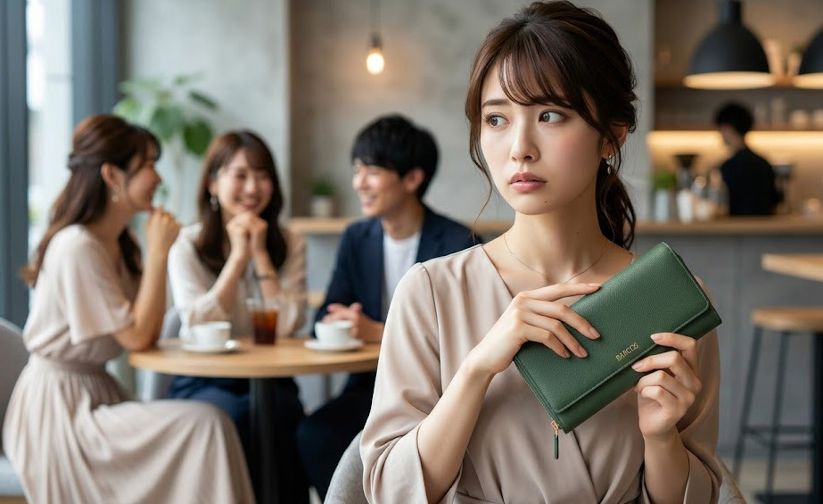 お洒落なカフェでバルコスの緑の長財布を持ちながら、周囲の視線を気にして少し不安そうな表情を浮かべる日本人女性の様子。バルコスの財布が恥ずかしいという悩みを持つユーザーの共感を呼ぶイメージ