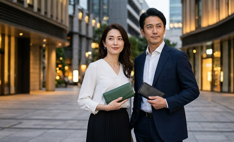 洗練された都会の広場で、上質な本革のバルコス財布（レディースのグリーン長財布とメンズのブラック二つ折り）を自信を持って手にする日本人カップル。高見えするデザインと品質を強調