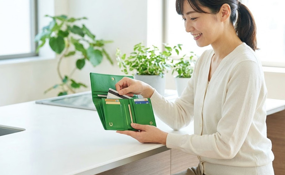 笑顔の日本人女性が、明るいキッチンで、島田秀平さんコラボの緑色のバルコス長財布（GLウォレット）にカードを収納している様子。開運要素と実用性の高さを表現