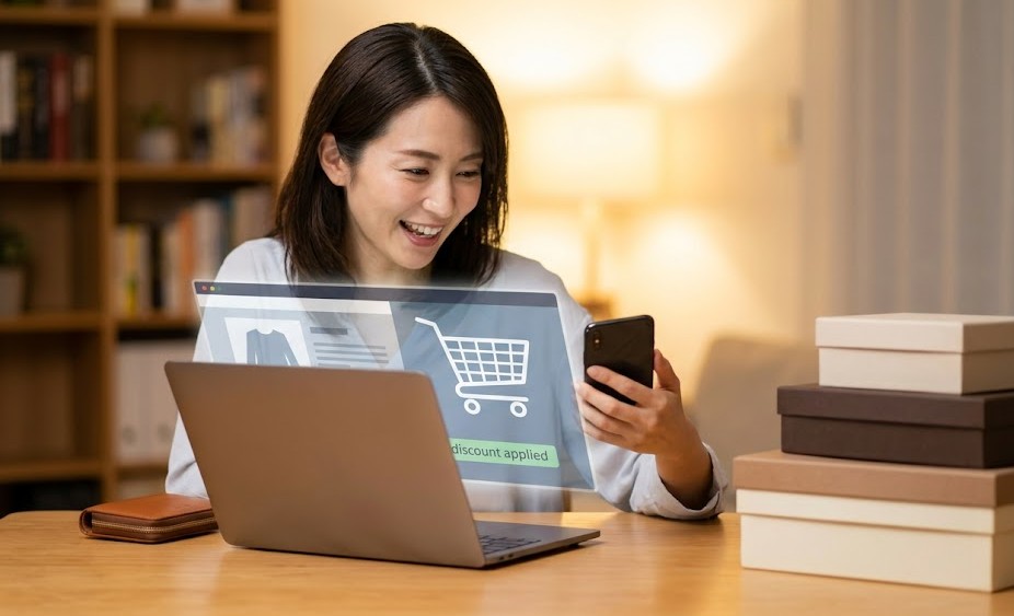 自宅のデスクで、日本人女性が笑顔でノートパソコンとスマートフォンを使い、楽天市場のセール（お買い物マラソン）でバルコスの財布をお得に購入している様子。ポイント還元やセール情報をイメージ