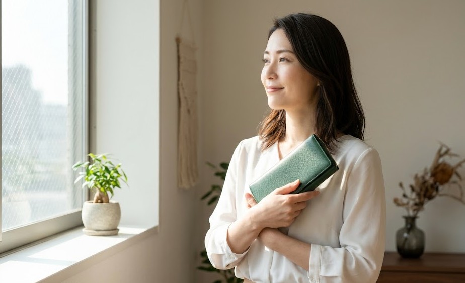 お洒落なカフェでバルコスの緑の長財布を持ちながら、周囲の視線を気にして少し不安そうな表情を浮かべる日本人女性の様子。バルコスの財布が恥ずかしいという悩みを持つユーザーの共感を呼ぶイメージ