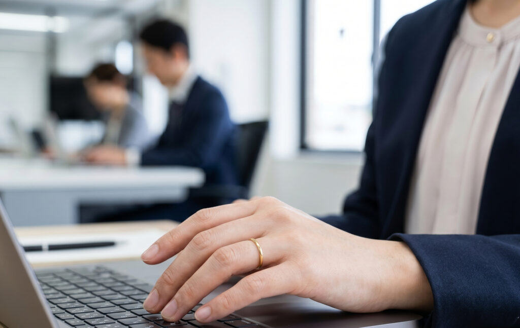 オフィスでノートパソコンを操作する女性の右手。右手の薬指にシンプルで細身のゴールドリングを着用しており、職場に馴染んでいる。