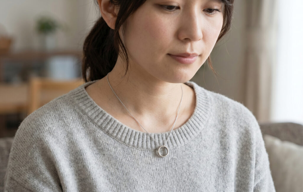 シンプルなシルバーリングを細いチェーンに通し、ネックレスとして首元に身につける日本人女性。ニットの上からさりげなく覗く