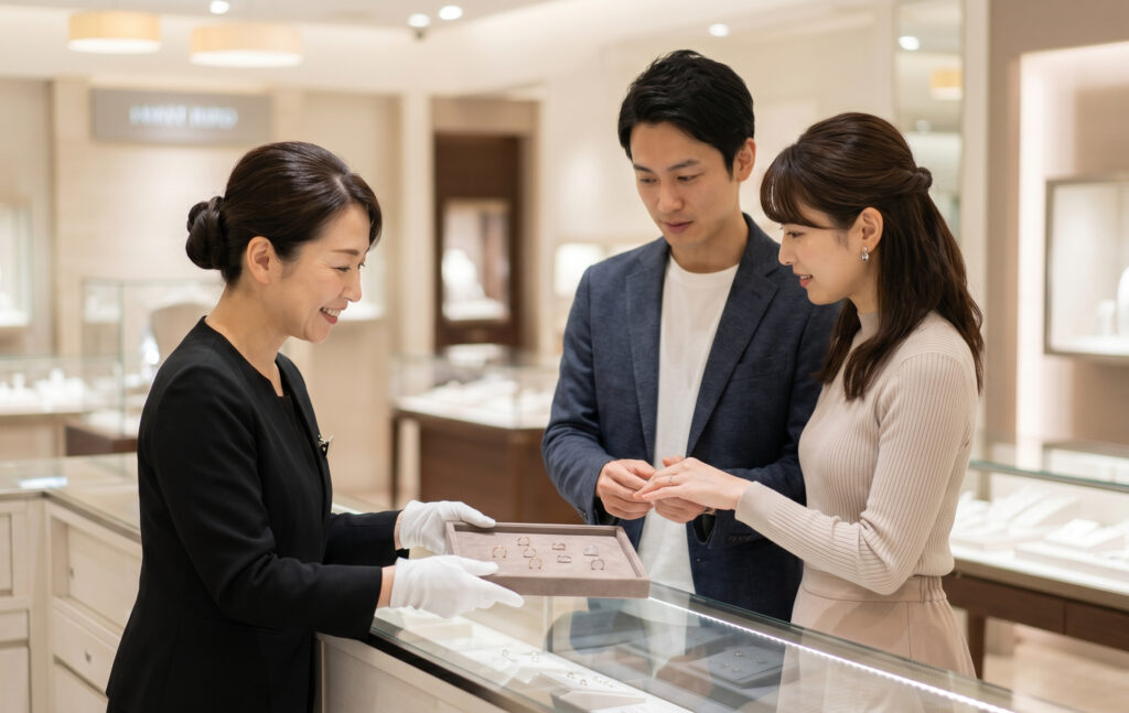百貨店のジュエリーフロアで、店員（日本人）からペアリングの試着案内を受ける日本人カップル。真剣に指輪を選んでいる。